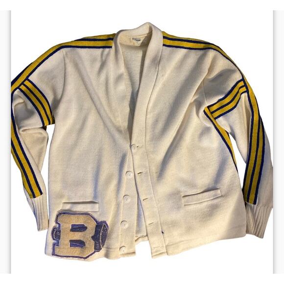 Vintage Dehen white Varsity letterman jacket cheer patch blue yellow sz 48 - Picture 1 of 9